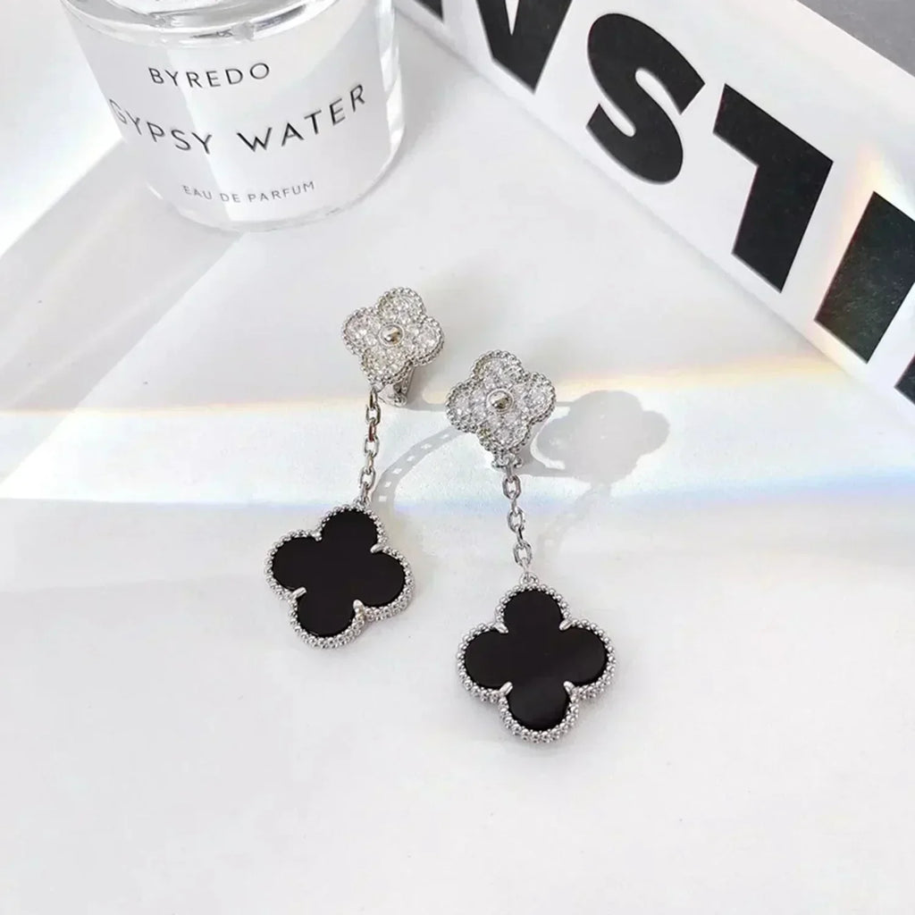[Imperial] CLOVER 2 MOTIFS  DIAMOND ONYX EARRINGS SILVER