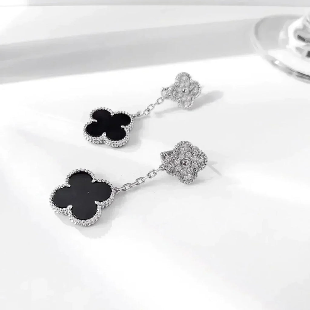 [Imperial] CLOVER 2 MOTIFS  DIAMOND ONYX EARRINGS SILVER