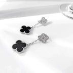 [Imperial] CLOVER 2 MOTIFS  DIAMOND ONYX EARRINGS SILVER