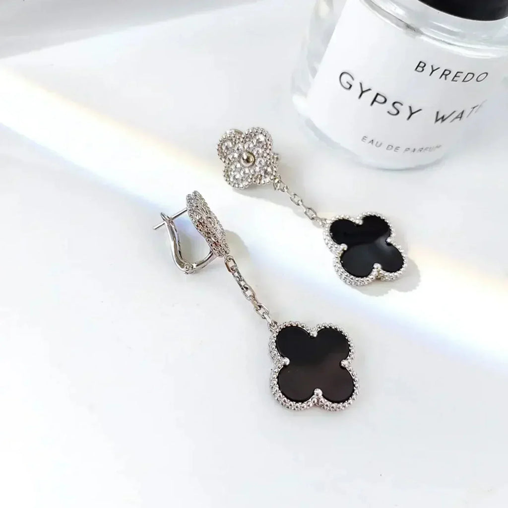 [Imperial] CLOVER 2 MOTIFS  DIAMOND ONYX EARRINGS SILVER