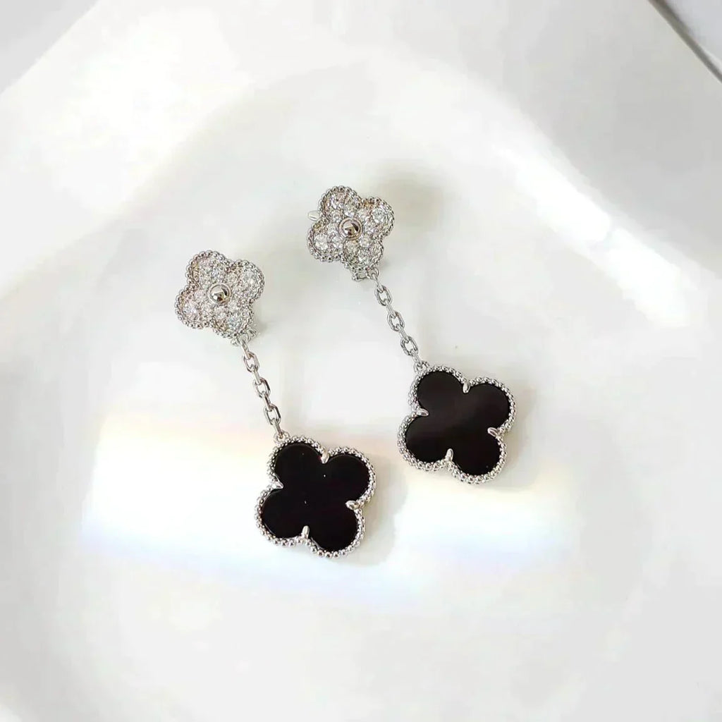 [Imperial] CLOVER 2 MOTIFS  DIAMOND ONYX EARRINGS SILVER