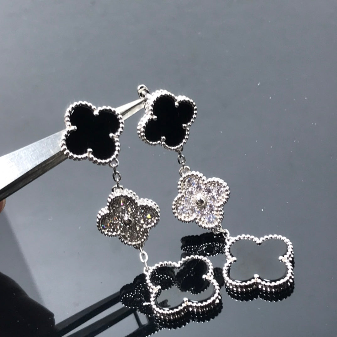 [Imperial] CLOVER 3 MOTIF DIAMOND ONYX SILVER EARRINGS