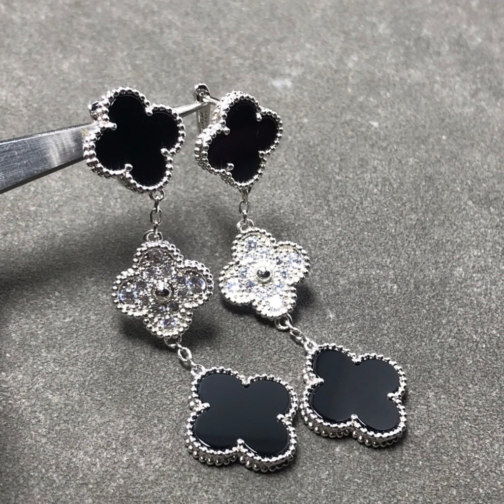[Imperial] CLOVER 3 MOTIF DIAMOND ONYX SILVER EARRINGS