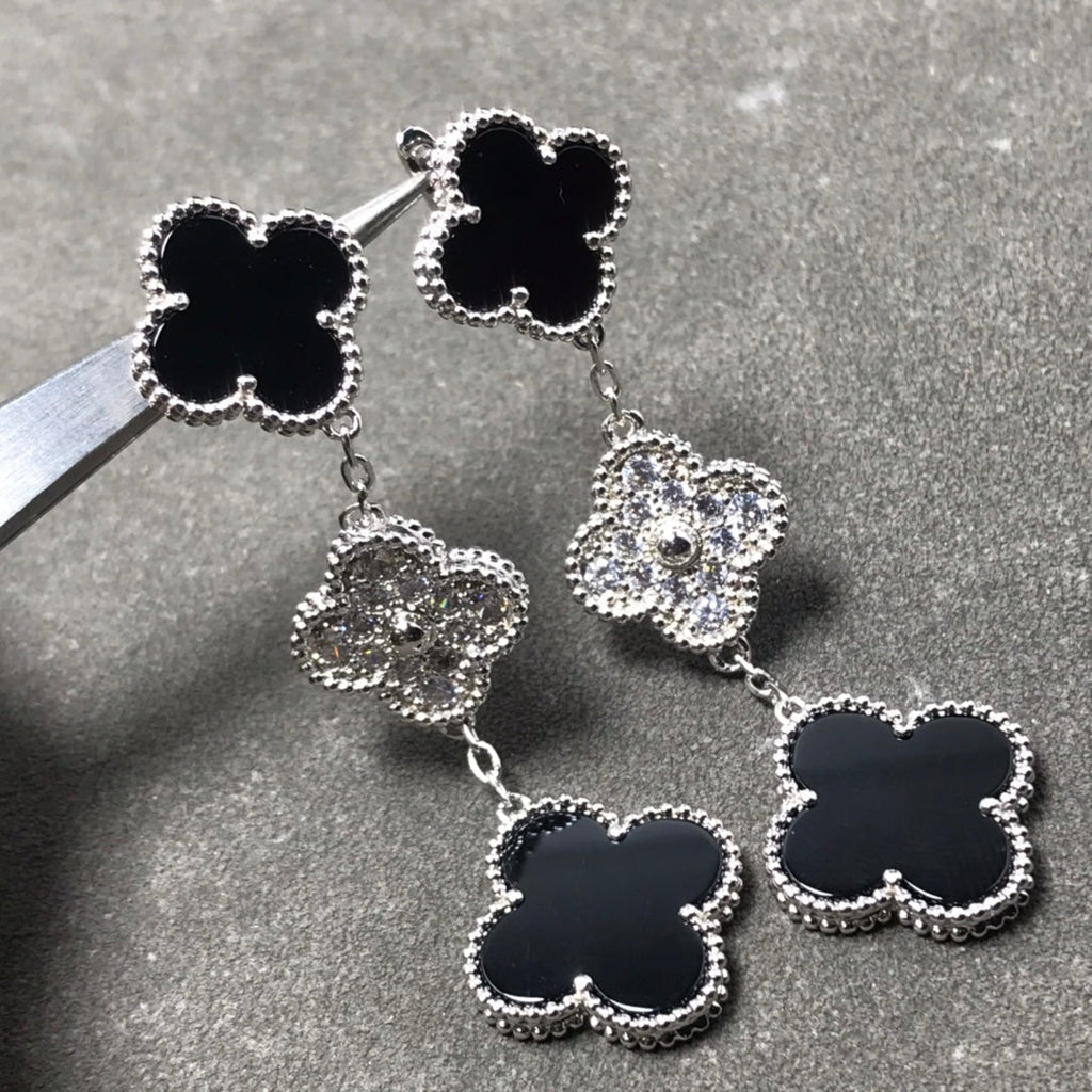 [Imperial] CLOVER 3 MOTIF DIAMOND ONYX SILVER EARRINGS
