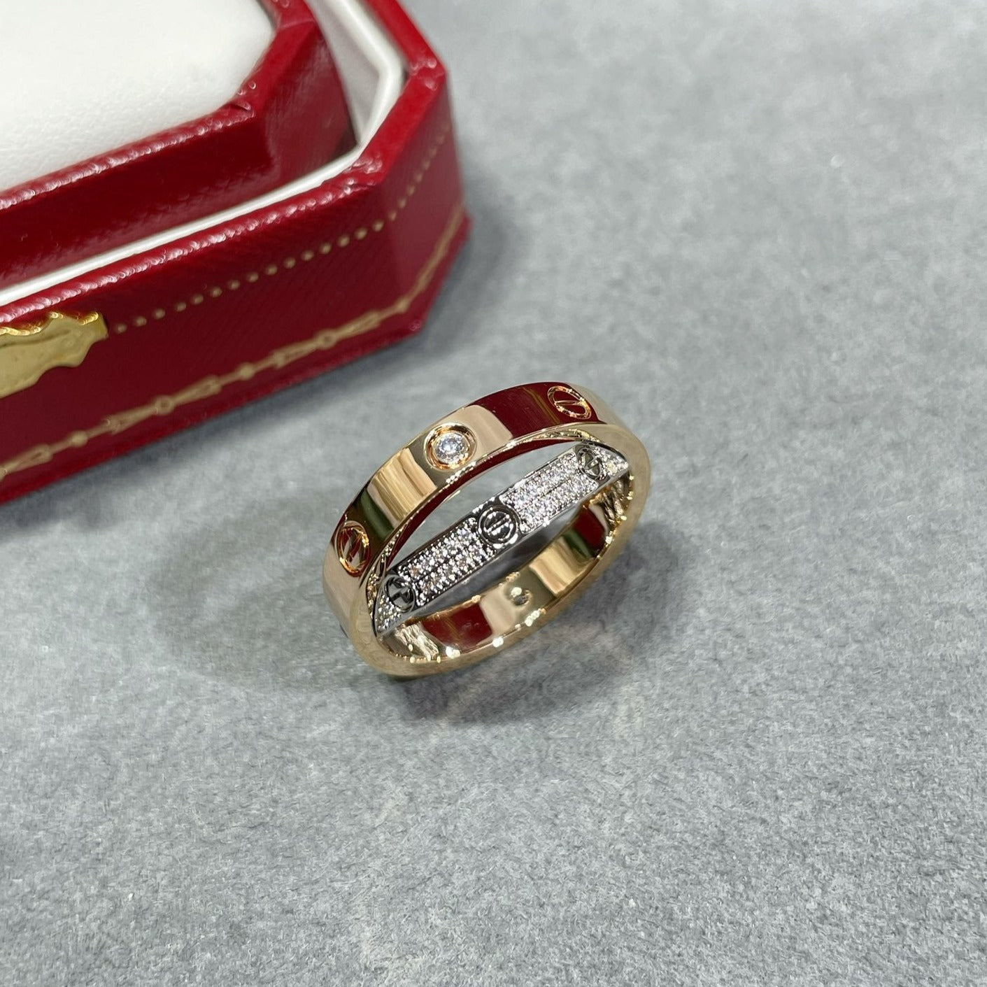 [Imperial] LOVE PINK GOLD SILVER DIAMOND DOUBLE RING