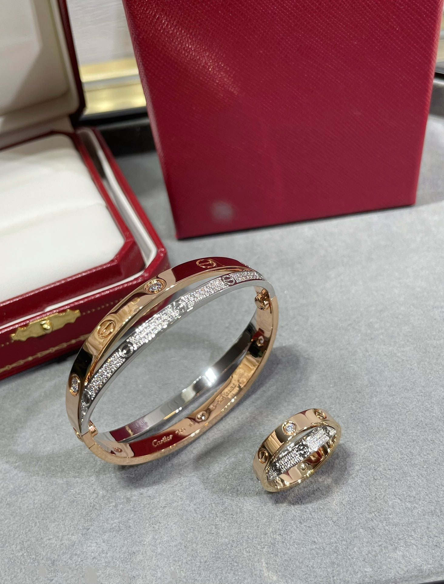 [Imperial] LOVE PINK GOLD SILVER DIAMOND DOUBLE RING