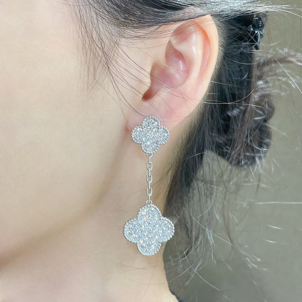 [Imperial] CLOVER 2 MOTIFS DIAMOND PAVED SILVER EARRINGS