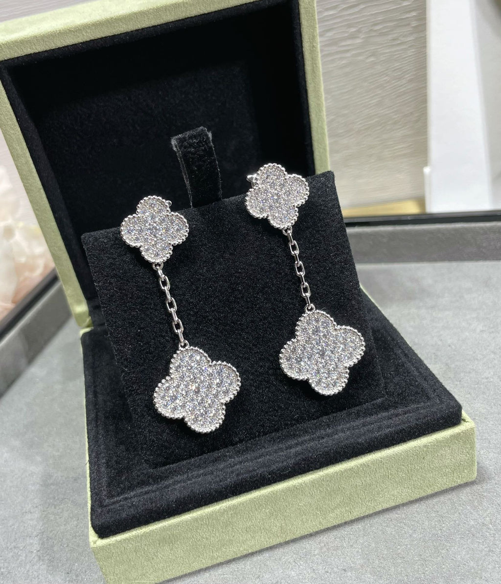 [Imperial] CLOVER 2 MOTIFS DIAMOND PAVED SILVER EARRINGS