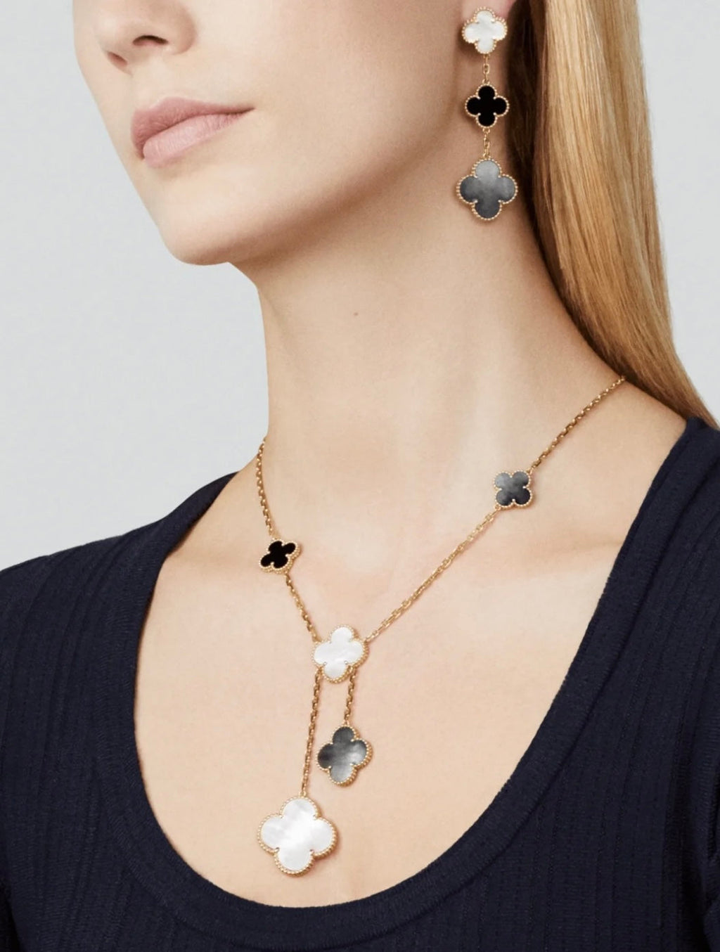 [Imperial] CLOVER 3 MOTIF MOP ONYX DARK MOP PINK GOLD EARRINGS