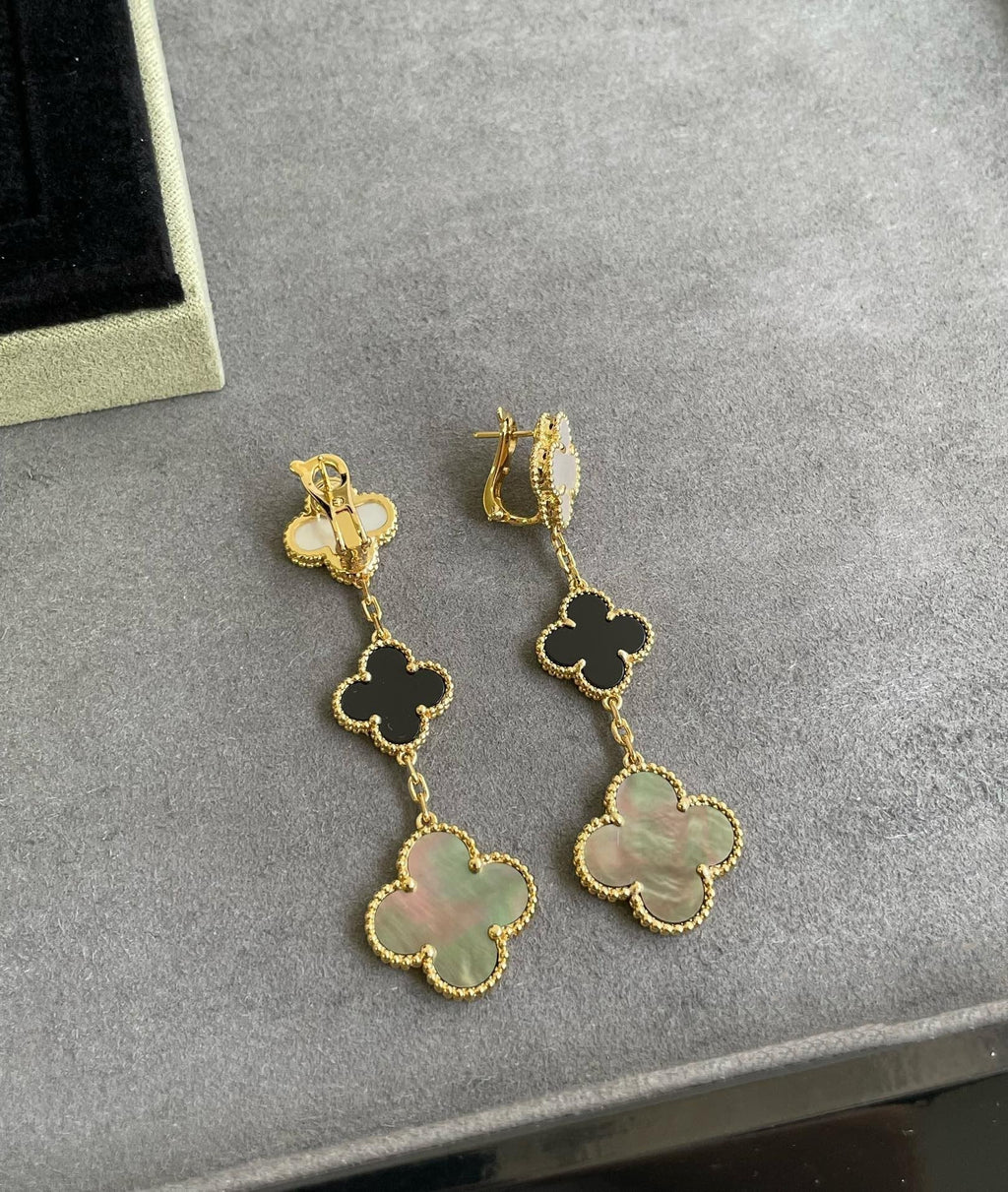 [Imperial] CLOVER 3 MOTIF MOP ONYX DARK MOP PINK GOLD EARRINGS