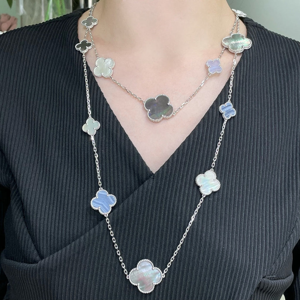 [Imperial] CLOVER 16 MOTIF CHALCEDONY MOP SILVER NECKLACE