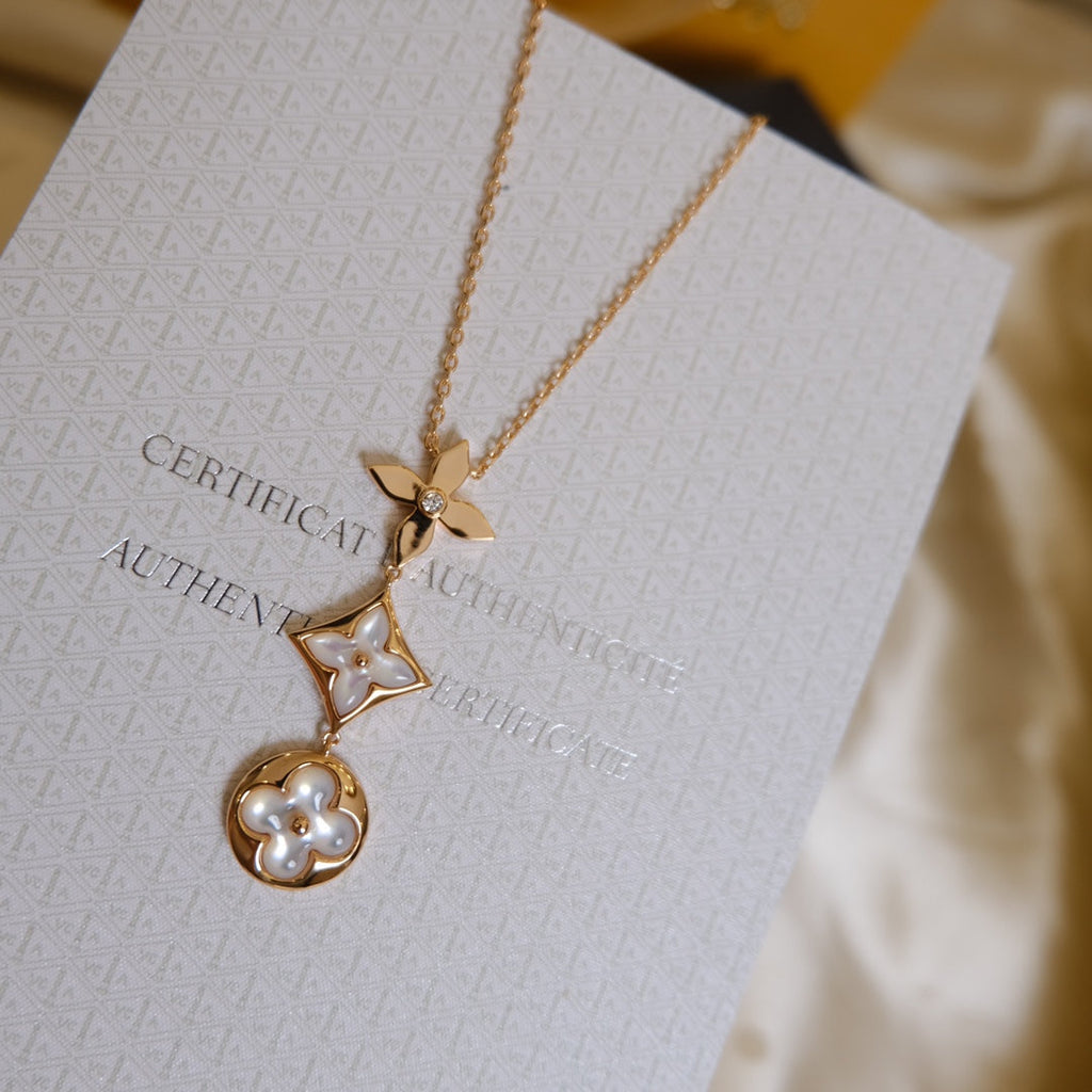 [Imperial] COLOR BLOSSOM LARIAT NECKLACE PINK GOLD WHITE MOTHER PEARL AND DIAMOND