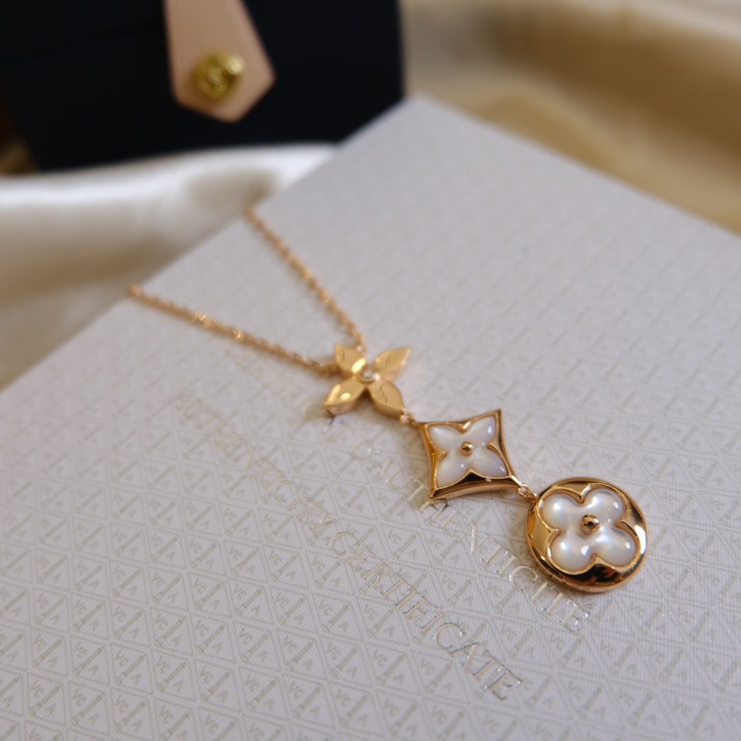 [Imperial] COLOR BLOSSOM LARIAT NECKLACE PINK GOLD WHITE MOTHER PEARL AND DIAMOND